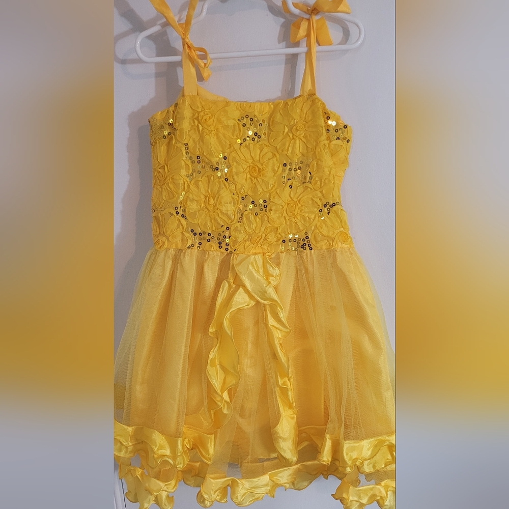 SUNNY FASHION Bright Yellow Girls Dress size 7 8 Sequins Silk Tulle Ribbon Bow